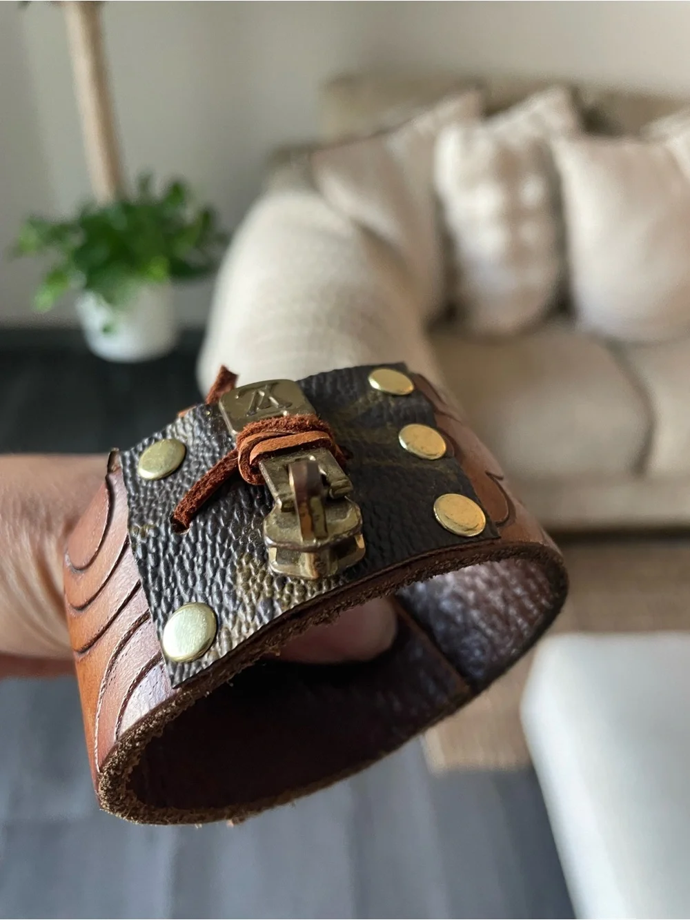 Louis Vuitton Brown and Gold Leather Cuff Bracelet with Signature Zipper Pull